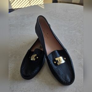 Kate Spade Black Leather Loafers with Gold-Tone Logo Accent